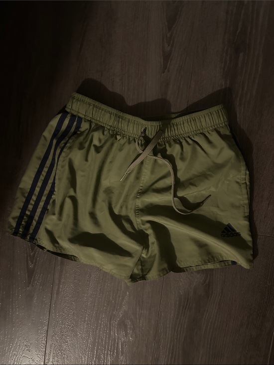 adidas Pants - adidas Olive Green Shorts with Navy Three-Stripes